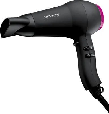 A black Revlon hairdryer with a pink accent on a white background.