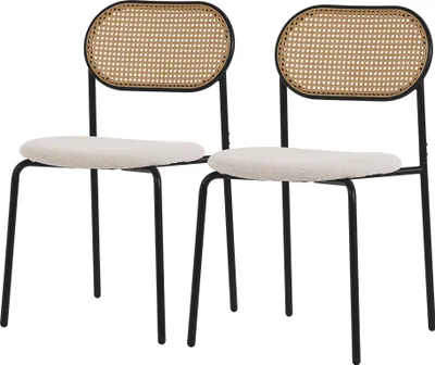 Obrázek produktu pro ML-Design jídelní židle sada 2 kusů, béžová, kuchyňská židle s ratanovým opěradlem Čalouněné židle se zakřiveným síťovaným opěradlem Ratanová židle s kovovými nohami