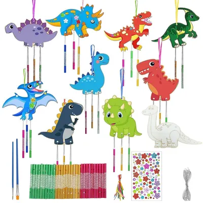 Produktbild von Bastelset Windspiel Dinosaurier zum Bemalen Holz 10 Stück DIY Kreativset für Kinder