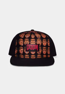 A black baseball cap with a repeating pattern of Doom character faces and a "DOOM" logo patch.