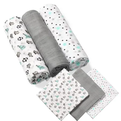 Three rolled-up baby swaddles are arranged diagonally on a white background. Two swaddles have patterns, one with penguins and the other with stars. The middle swaddle is a solid gray color. Below these, three swaddles are laid out flat, also with patterns