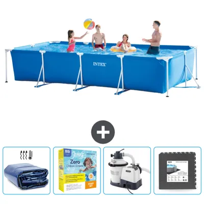 Produktbild von Intex-Schwimmbecken mit rechteckigem Rahmen – 450 x 220 x 84 cm – Blau – im Lieferumfang enthalten Sonnensegel - Wartungspaket - Filterpumpe für Schwimmbad - Bodenfliesen
