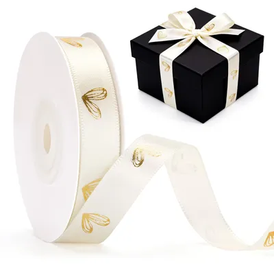Productafbeelding van Satinband 13mm Elfenbein met gouden hartjes - 18m decoratieband