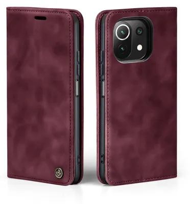 A burgundy flip case for a smartphone is shown from two angles, front and side.