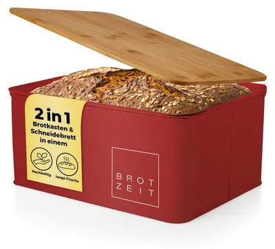 Productafbeelding van Lumaland Cuisine Brotkasten: Metalen broodtrommel met bamboe deksel, rechthoekig, 30,5 x 23,5 x 14 cm. 2-in-1 broodtrommel en snijplank, rood