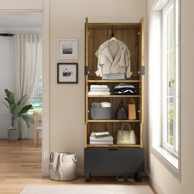 Produktbild von MODFU Garderobenschrank mit 1 Schubkästen, Mehrzweckschrank Ein Fach mit verstellbaren Einlegeböden,mit Kleiderstange, Eiche