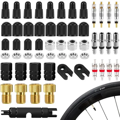 Produktbild von Fahrradventil Set 55 Teile: Ventilkappen, Ventileinsätze, Ventilausdreher, Adapter für Presta, Schrader, Dunlop