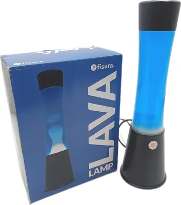 Produktbild von FISURA Weiße blaue Lavalampe. Schwarzer Sockel blaue Flüssigkeit weiße Lava.
