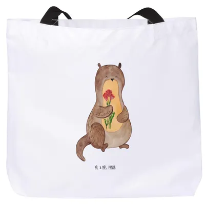 Produktbild von Mr. & Mrs. Panda Reisetasche Otter Blumenstrauß - Weiß - Geschenk, Tote Bag, Niedlich, Schultasche, Strandtasche, Seeotter, Stoffbeutel, Tasche, Süß, See
