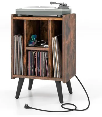 Produktbild von Plattenspielertisch - Vinylständer - Ladestation - 4 Offene Regale - Schallplattenaufbewahrung - Beistelltisch - Vintage Stil - Braun