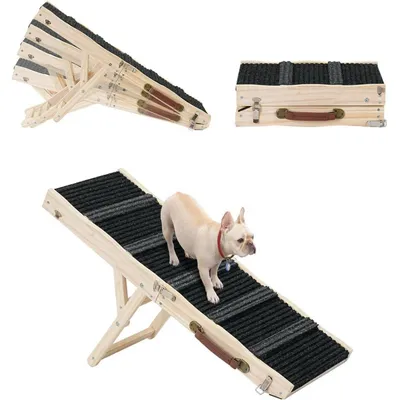 Image de Escalier pour chien, en bois, pliable, avec hauteur réglable de 25 à 48 cm, antidérapant, supportant jusqu'à 70 kg