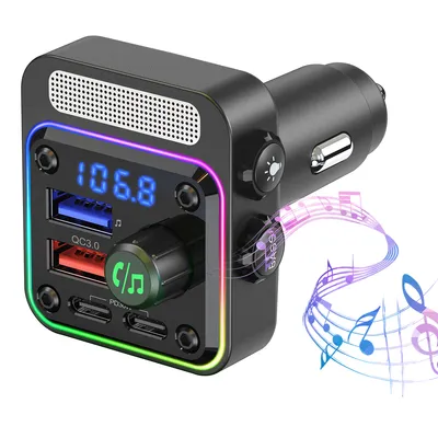 Produktbild von KFZ Adapter,Bluetooth 5.3 FM Transmitter,Audioplayer mit Freisprechfunktion,Tiefer Bass Bluetooth Adapter Auto Freisprecheinrichtung mit 5 Farben LED