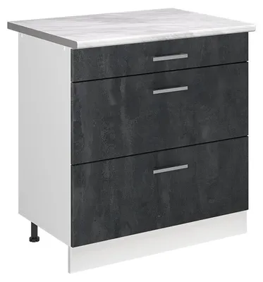 Zdjęcie produktu dla Szafka dolna do kuchni Vicco R-Line Czarny beton/Biały 80 cm z 3 szufladami blat roboczy Marmur, Model 72358