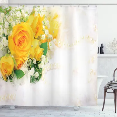 Immagine prodotto di ABAKUHAUS Tenda da doccia gialla, bouquet di rose romantiche e colorate su sfondo bianco, 175 x 220 cm, verde felce Giallo perla