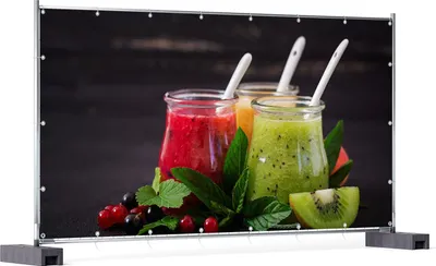 Produktbild von Wallario XXL Outdoor-Poster für Garten oder Balkon, Motiv Bunte Smoothies in grün und rot, in ca. 340 x 173 cm