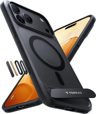 Imagen del producto de Funda TORRAS Ostand L1 para iPhone 18 Pro, con MagSafe, carcasa robusta con soporte de titanio, delgada y ligera, con buen agarre, resistente a los arañazos y duradera, color negro