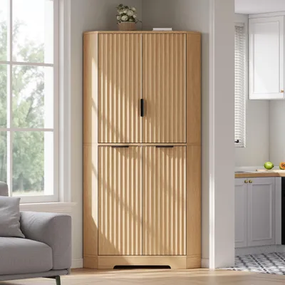 Produktbild von MODFU Eckschrank 60x60x172 cm Wohnzimmerschrank mit 4 Türen, Küchenschrank Aufbewahrungsschrank mit geriffeltem Wellendesign,Natur