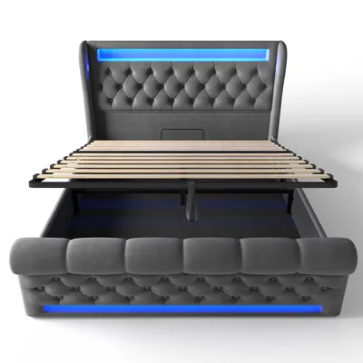 Produktbild von Flieks Hydraulisches Polsterbett 140x200cm mit USB und Typ-C, Jugendbett Doppelbett mit Led, Stauraumbett Kinderbett mit Lattenrost, Samt, Grau