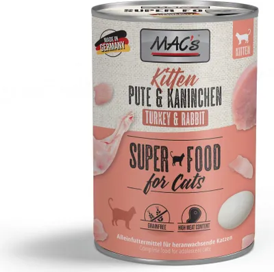 A can of cat food with images of raw meat and cat illustrations.