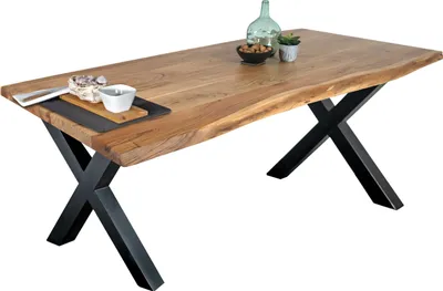 Produktbild von Esstisch Baumkante massiv Akazie Natur 160 x 85 X-Gestell schwarz TOMASO