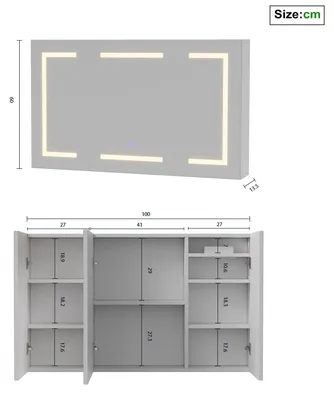 Image de Armoire de salle de bains avec miroir - 100 x 60 cm - 3 portes - Traitement anti-buée - Éclairage LED 3 couleurs - Étagères réglables - Prises USB et UE - Modèle A