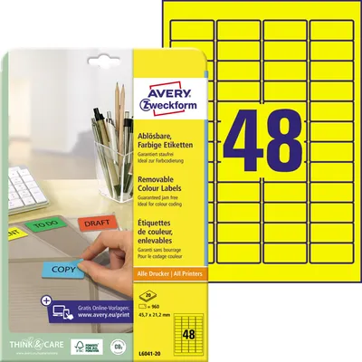Obrázek produktu pro Avery L6041-20, Žlutá, Samolepicí štítek, A4, Papír, Laserová/inkoustová tiskárna, Vyjímatelná