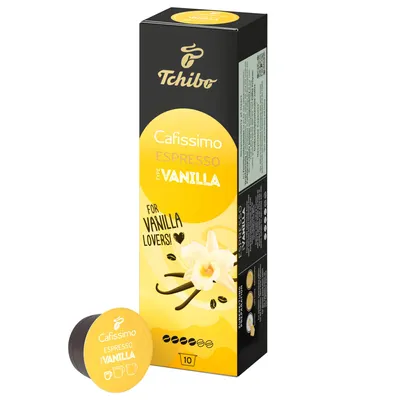 Obrázek produktu pro Tchibo Cafissimo Espresso Vanilla kávové kapsle, 10 kapslí (espresso, aromatická káva s jemnou vanilkovou příchutí), udržitelný a spravedlivý obchod, limitovaná edice