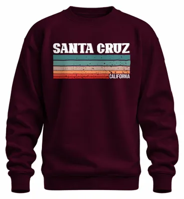 Imagen del producto de Sudadera retro vintage con estampado de rayas, estilo años 70, diseño "Sunset", color burdeos, talla XL, de Santa Cruz, California