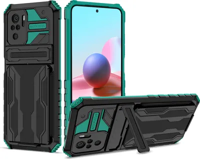 Produktbild von Redmi Note 10 4G Hülle, Hybrid Robust Schutz Stoßfest Schutzhülle mit Kartenhalter Ständer für Xiaomi Redmi Note 10 4G / Note 10S Grün
