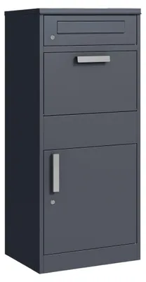 Produktbild von Relaxdays Briefkasten mit Paketfach, 2 Schlüssel, HBT 112 x 51 x 38 cm, verzinkter Stahl, freistehender Postkasten, grau, KI-generiertes Bild