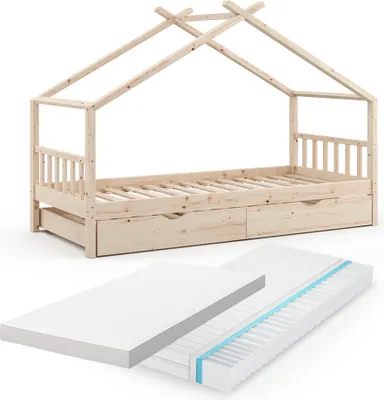 Produktbild von Hausbett Vitalispa Design Naturholz 90x200 cm mit Gästebett und 2 Matratzen, Model 36827