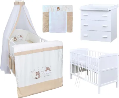 Produktbild von Baby-Delux Babyzimmer Babybett Wickelkommode Weiss Bettwäsche Komplett Set Traumland Beige