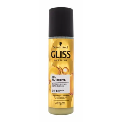 A product shot of a bottle of Gliss Kur Oil Nutritive hair conditioner against a white background.