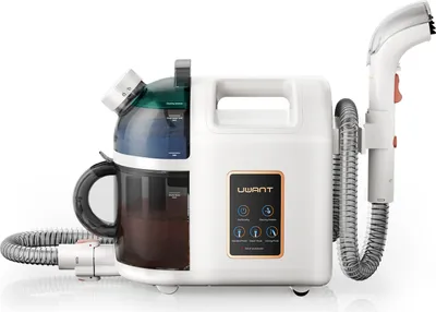 A white and blue upholstery cleaner with a hose and nozzle attached, shown on a white background.