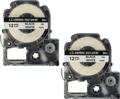 Produktbild von vhbw 2x Schriftband-Kassette kompatibel mit Epson Prifia OK300, OK500P, OK200, OK900P, OK720 Etiketten-Drucker 8m x 12mm Schwarz auf Weiß