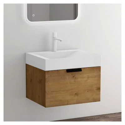 Produktbild von Bademöbelset Waschtisch mit Unterschrank 60x45x48cm und Mineralguss-Waschbecken in Kerneiche mit Soft-Close-Funktion
