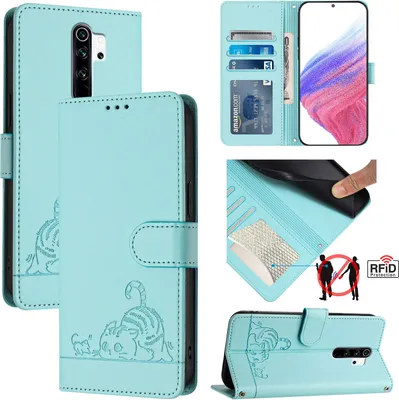 Produktbild von Leder Hülle für Xiaomi Redmi Note 8 Pro Süße Katze Flip Case Brieftasche Schutzhülle mit Standfunktion hellgrün