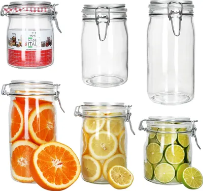 A collage of glass jars, some empty and some filled with citrus slices.