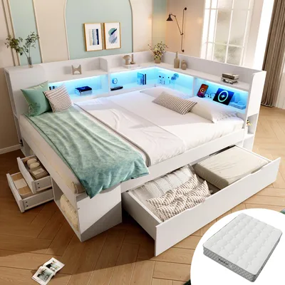 Image de Lit de jour 140 x 200 cm, blanc. Lit multifonctionnel avec éclairage LED. Lit double en aggloméré avec station de recharge USB et Type-C, espace de rangement avec étagères et tiroirs.