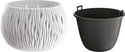 A white decorative planter and a black bucket are shown side-by-side on a white background.
