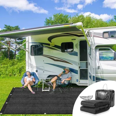 Obrázok produktu pre Izrielar stanový koberec 250x350 cm HDPE čierny UV stabilný priedušný s 13 kolíkmi pre stan a karavan a piknik