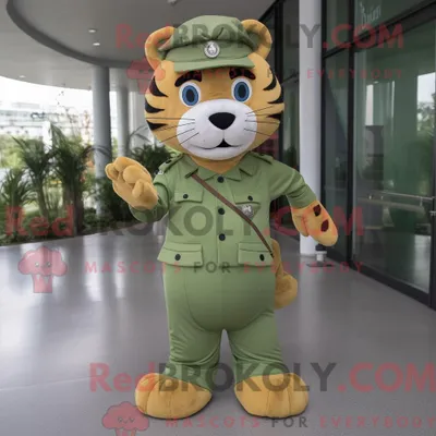 Produktbild von Olive REDBROKOLY Tiger Maskottchen Kostüm Charakter gekleidet mit einer Caprihose und Baskenmütze