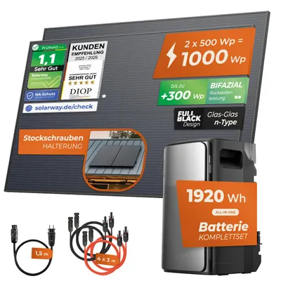 Produktbild von Solarway® 1000Wp / 800W Balkonkraftwerk mit 1,9kWh Speicher komplett Steckdose - 1,9 kWh EcoFlow Stream Max - Solaranlage Komplettset - 500W bifaziale Solarmodule & EcoFlow Speicher & Zubehör