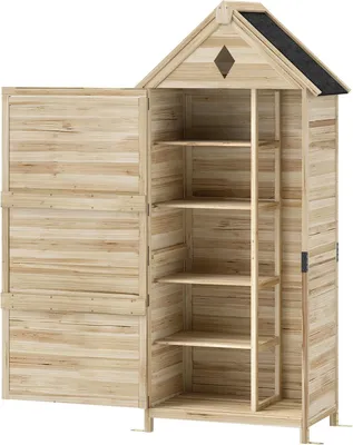 Image de Armoire de jardin en bois, abri à outils étanche avec toit à pignon en asphalte, porte de rangement 80 x 49 x 170 cm, armoire à outils résistante aux intempéries, abri de jardin pour jardin, terrasse, bois naturel |