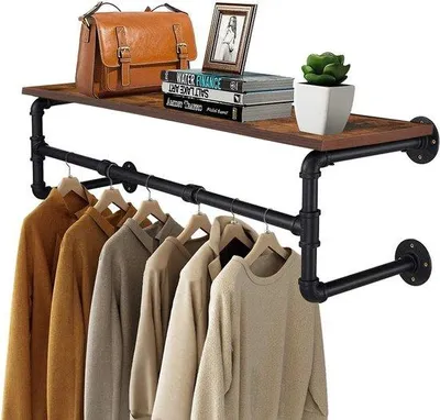 Image de Porte-manteau industriel avec étagère - 100x25x22 cm - Fixation murale - Barre de suspension - 100x25x22 cm