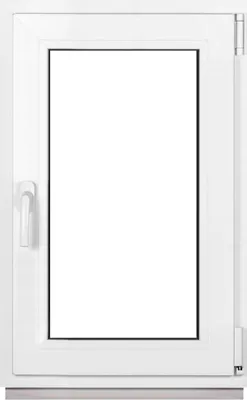 A white window frame with a clear glass pane, shown against a white background.
