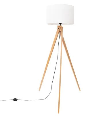 Produktbild von Stehlampe Weiß Natur 140 cm klein E27 Stoff Holz Dreibein Stehleuchte Wohnzimmer