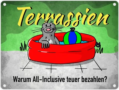 Produktbild von Terrassien Metallschild in 15x20 cm mit Seeleopard auf der Terrasse