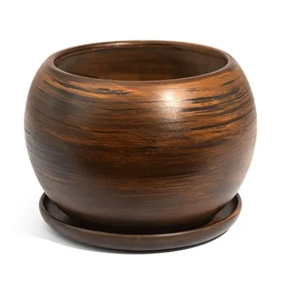 A brown ceramic pot with a saucer, isolated on a white background.