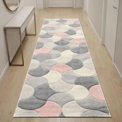 Produktbild von Moderner Teppichläufer grau creme rosa mit Konturenschnitt für Flur Größe - 80 x 300 cm